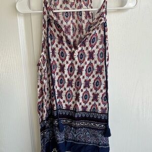 Boho Printed Tassel Long Tank in Cream, Navy & Red